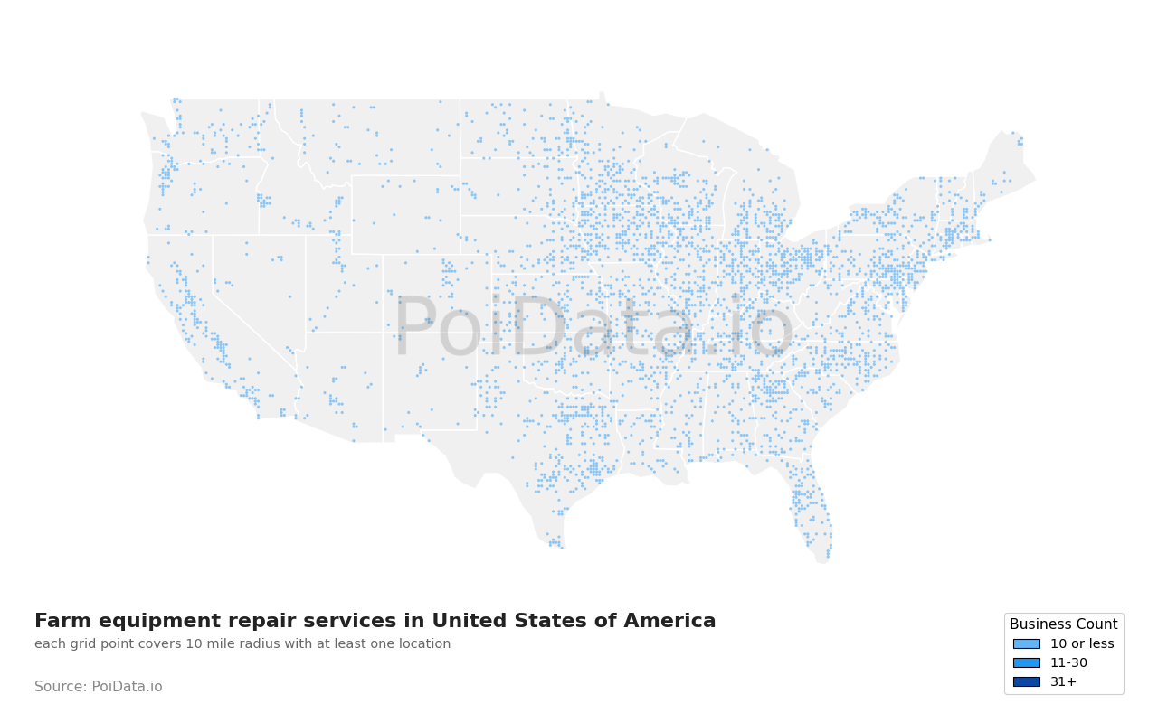 Farm equipment repair service density map for Florida, United States
