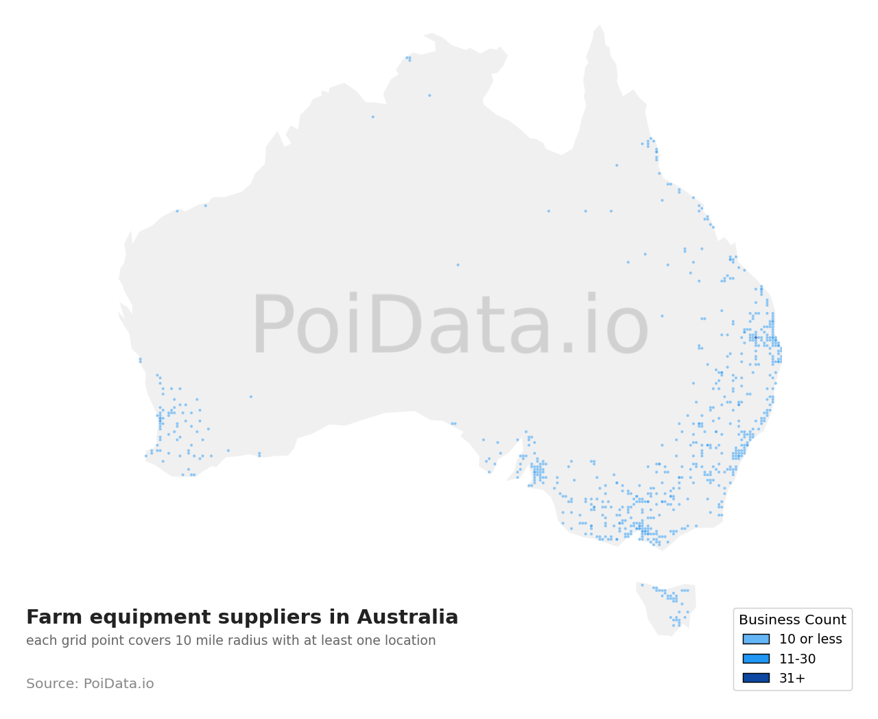 Farm equipment supplier density map for Australia