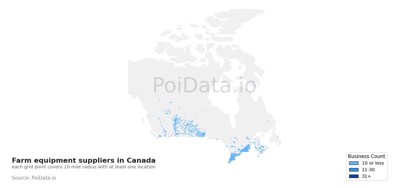 Farm equipment supplier density map for Canada