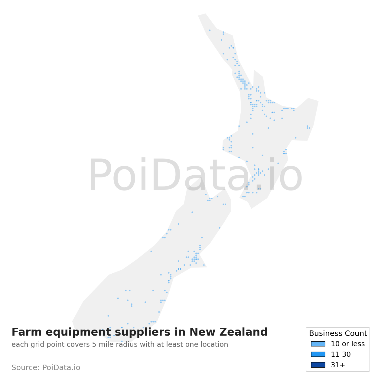 Farm equipment supplier density map for New Zealand