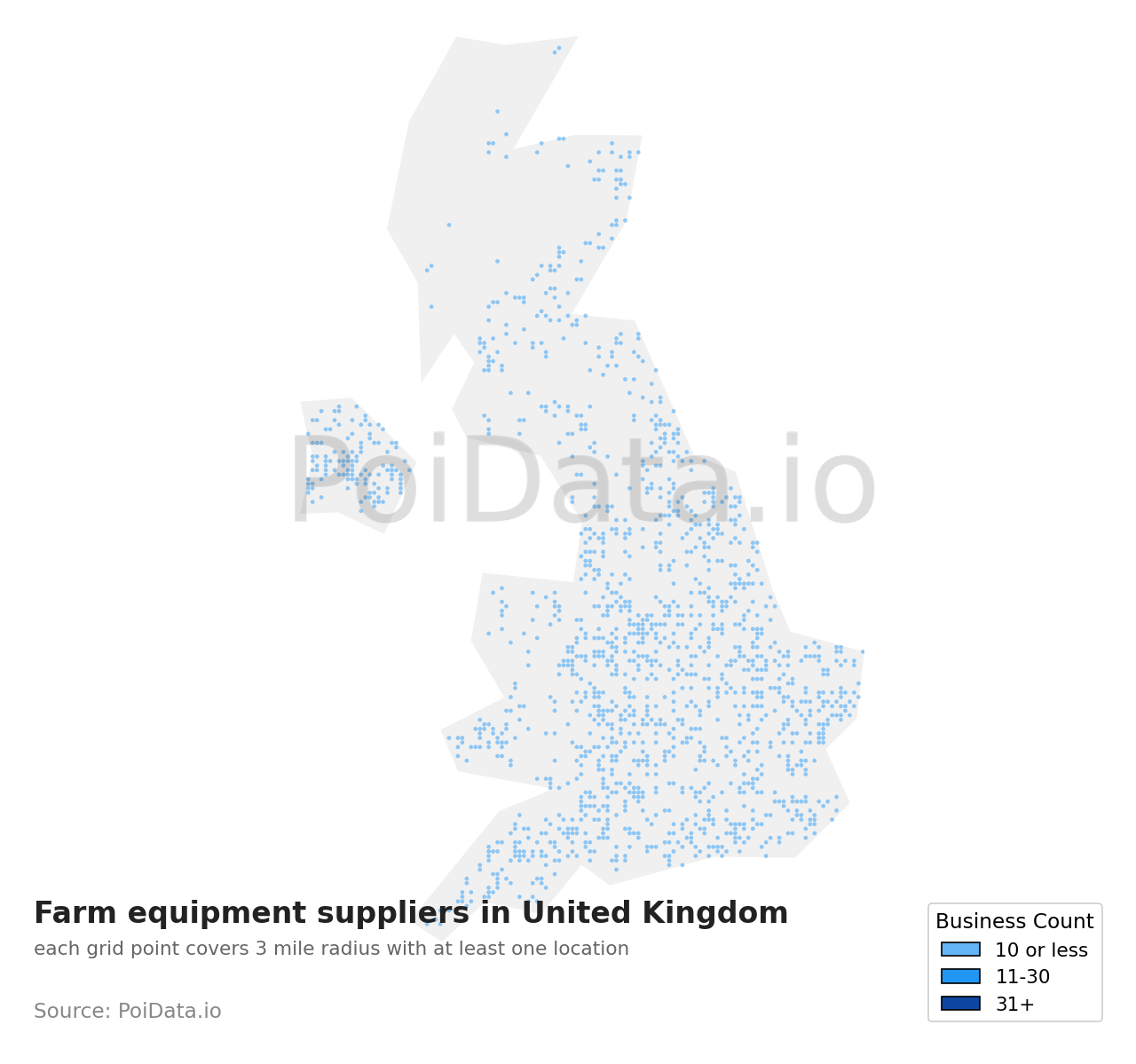 Farm equipment supplier density map for United Kingdom