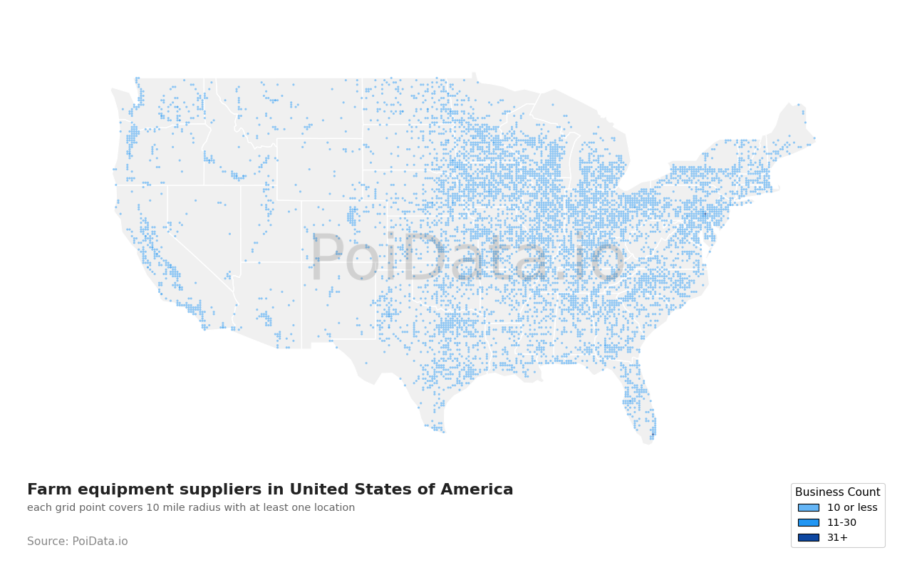 Farm equipment supplier density map for Kansas, United States