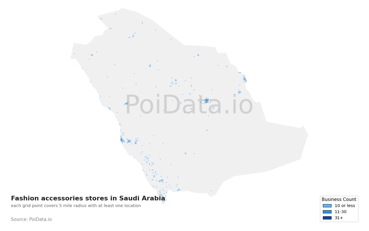 Fashion accessories store density map for Saudi Arabia
