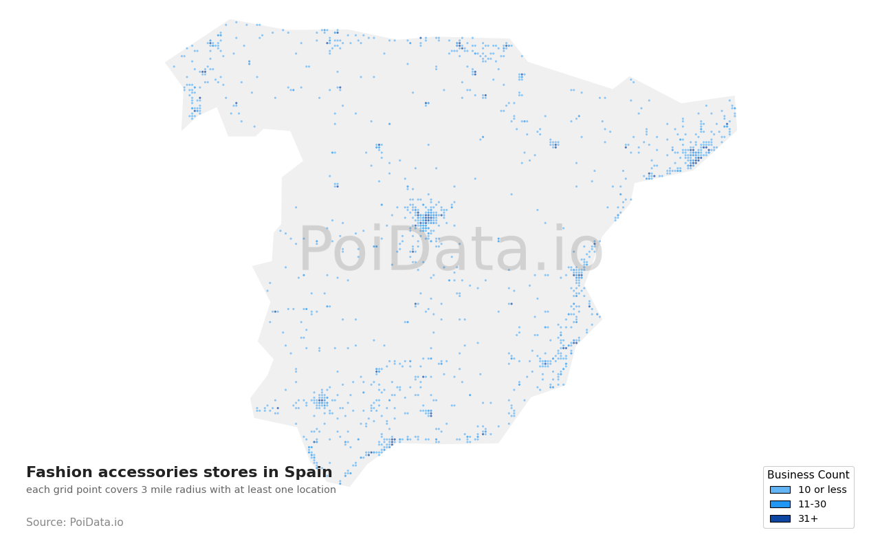 Fashion accessories store density map for Spain