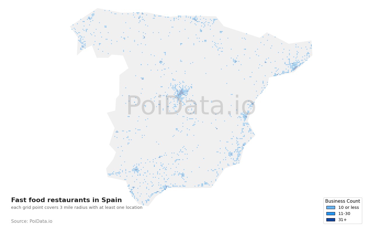 Fast food restaurant density map for Spain