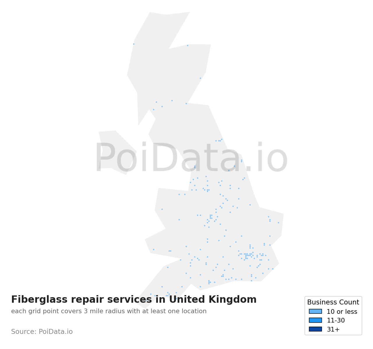 Fiberglass repair service density map for United Kingdom