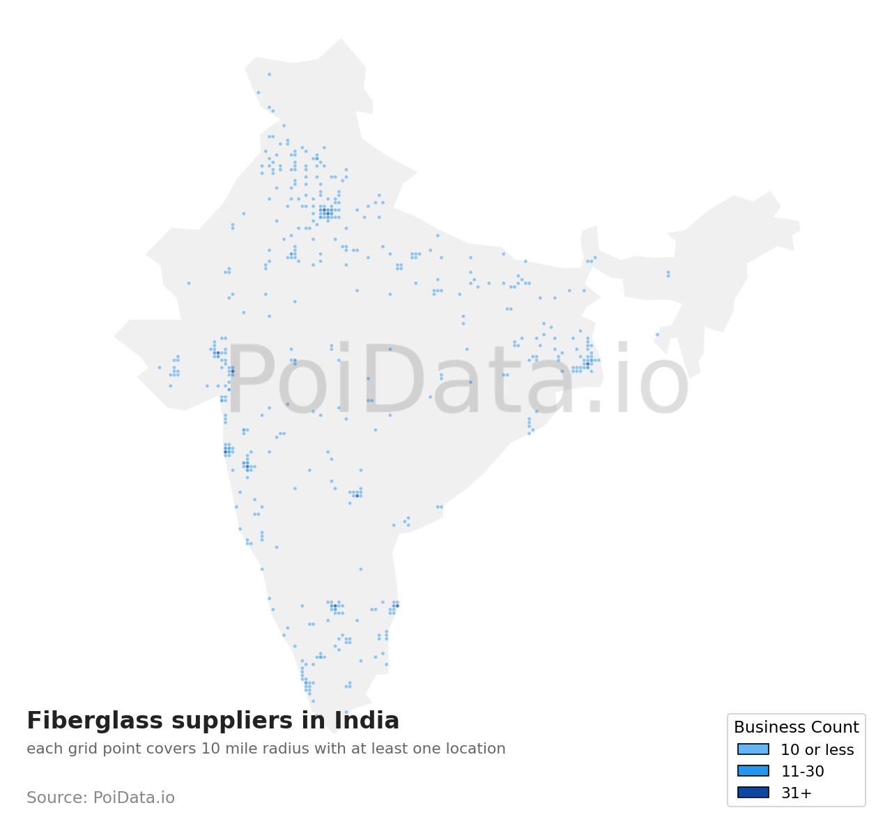 Fiberglass supplier density map for India