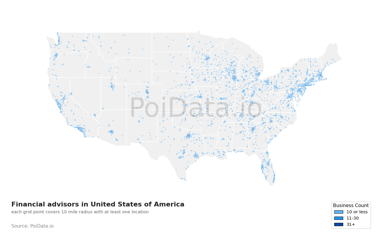 Financial advisor density map for New York, United States