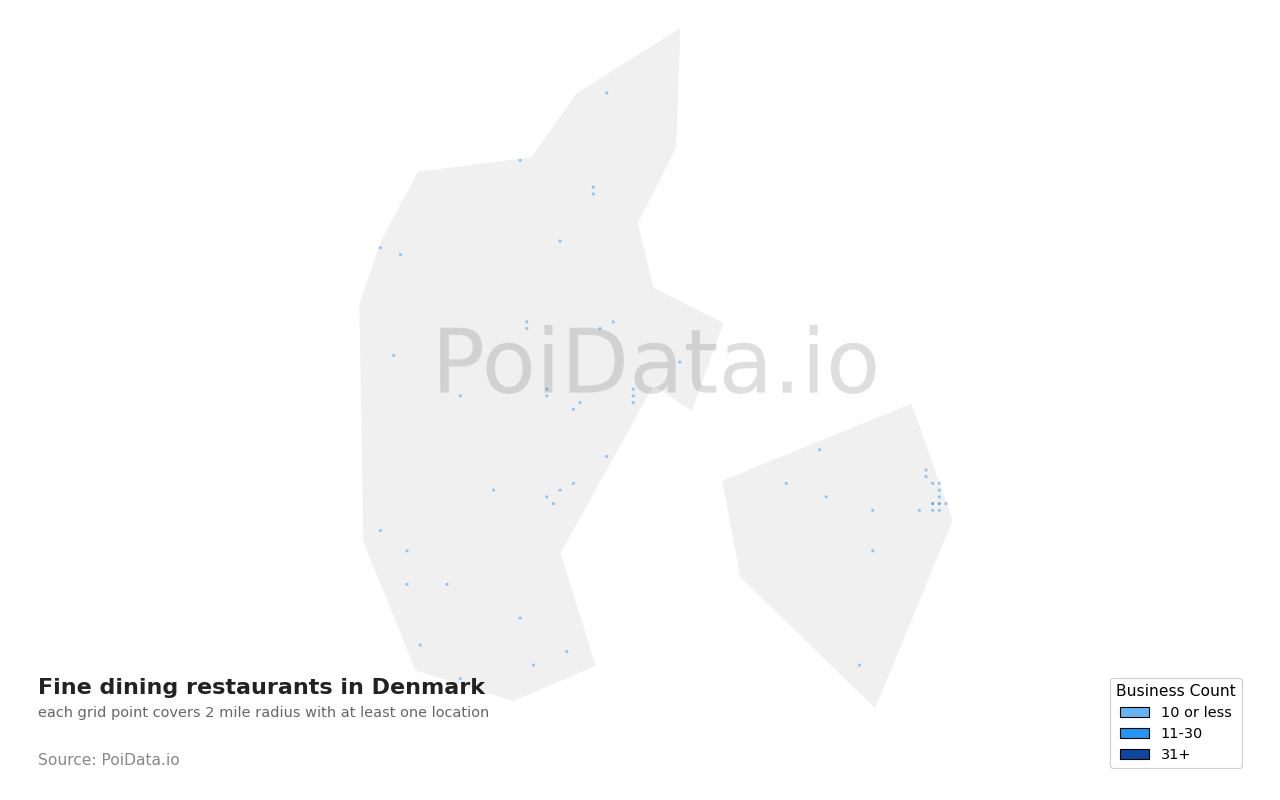 Fine dining restaurant density map for Denmark