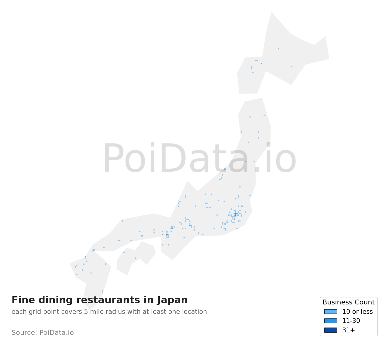 Fine dining restaurant density map for Japan