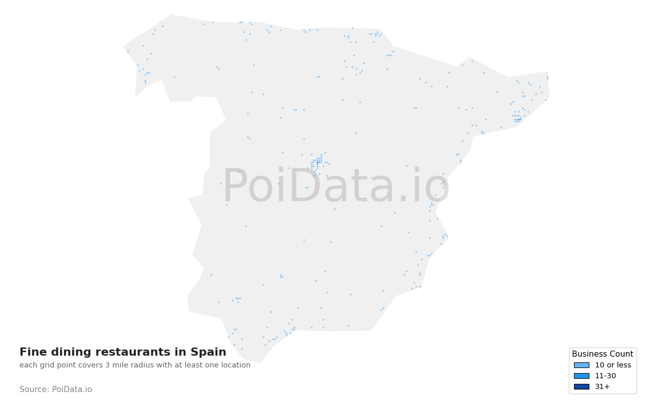 Fine dining restaurant density map for Spain