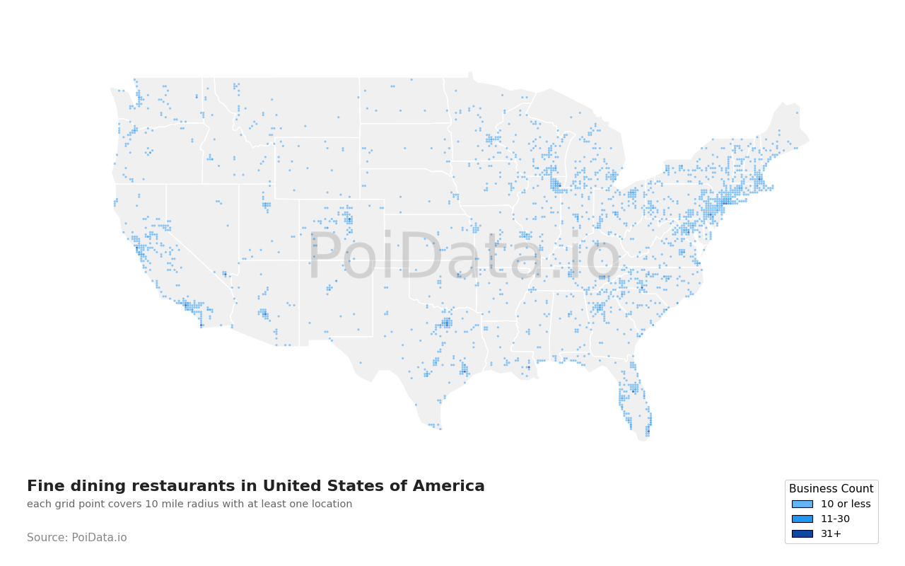 Fine dining restaurant density map for Florida, United States