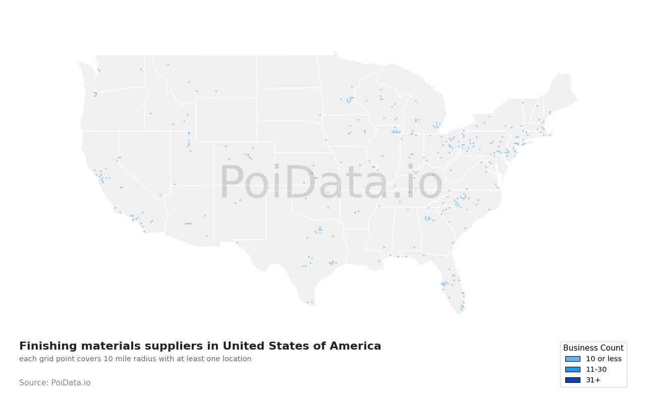 Finishing materials supplier density map for United States
