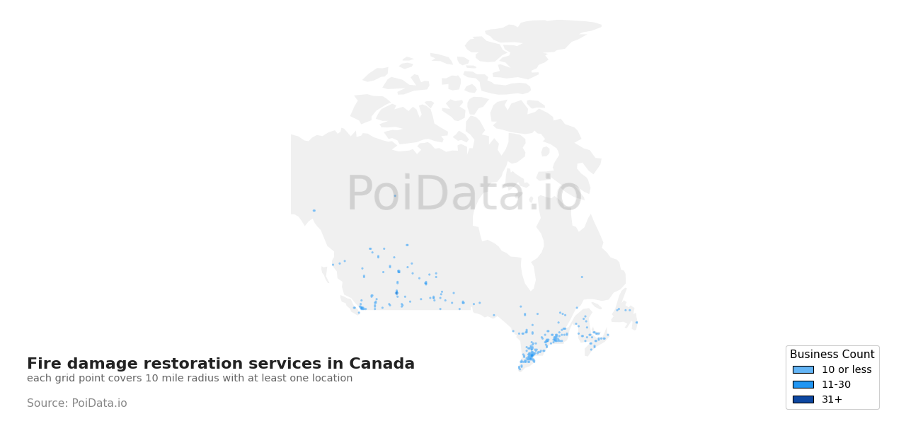 Fire damage restoration service density map for Nova Scotia, Canada