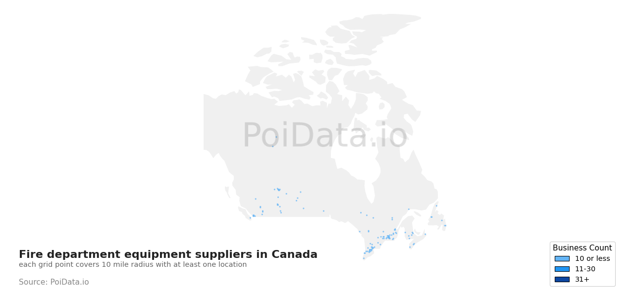 Fire department equipment supplier density map for Ontario, Canada