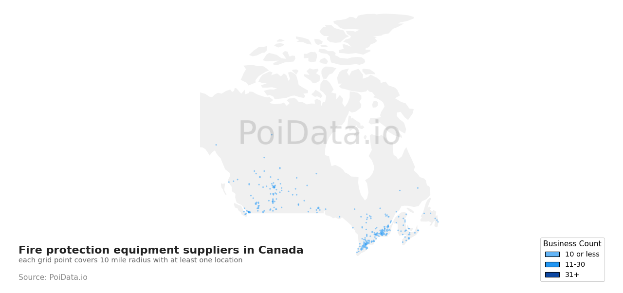 Fire protection equipment supplier density map for Nova Scotia, Canada