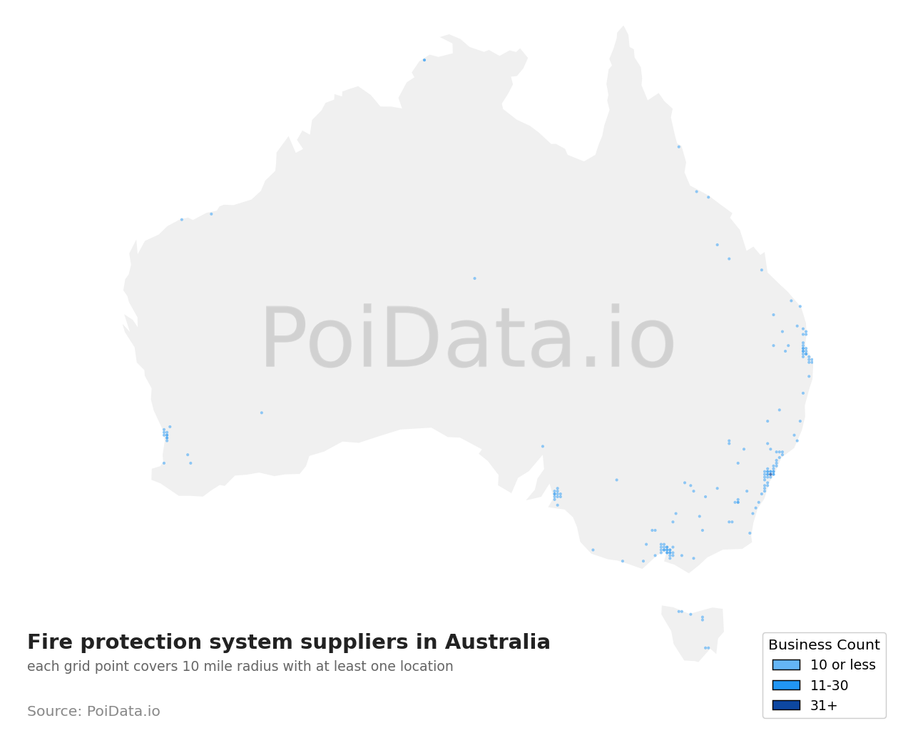 Fire protection system supplier density map for Tasmania, Australia