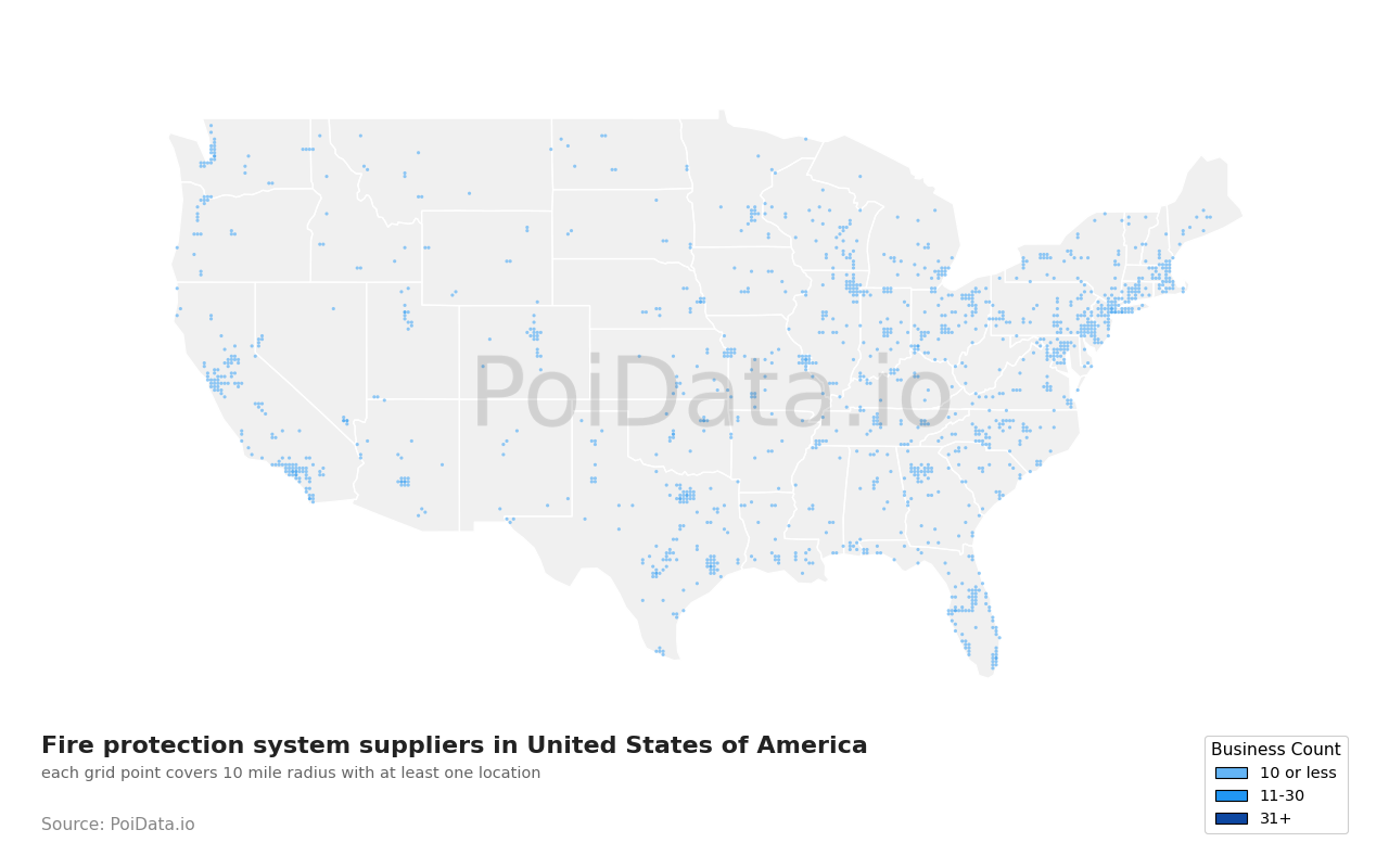 Fire protection system supplier density map for United States