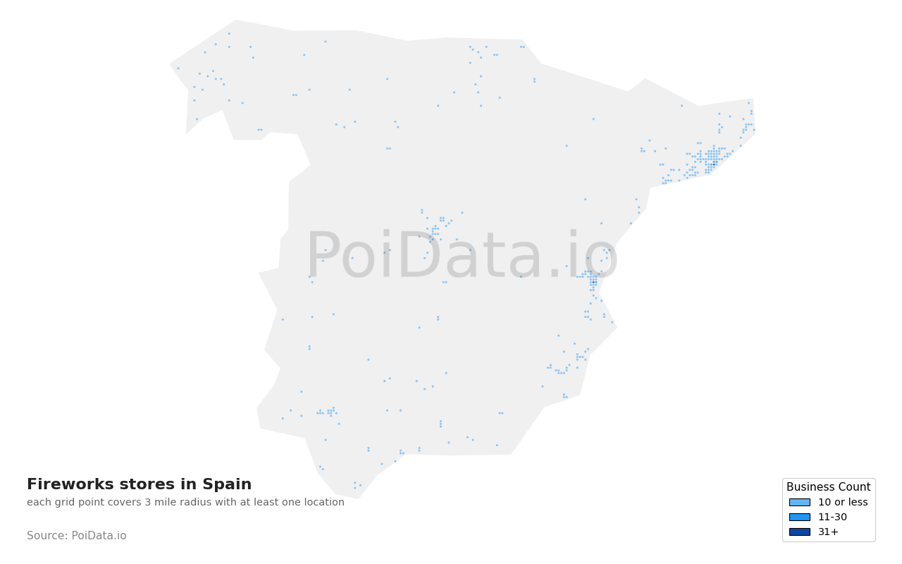 Fireworks store density map for Spain