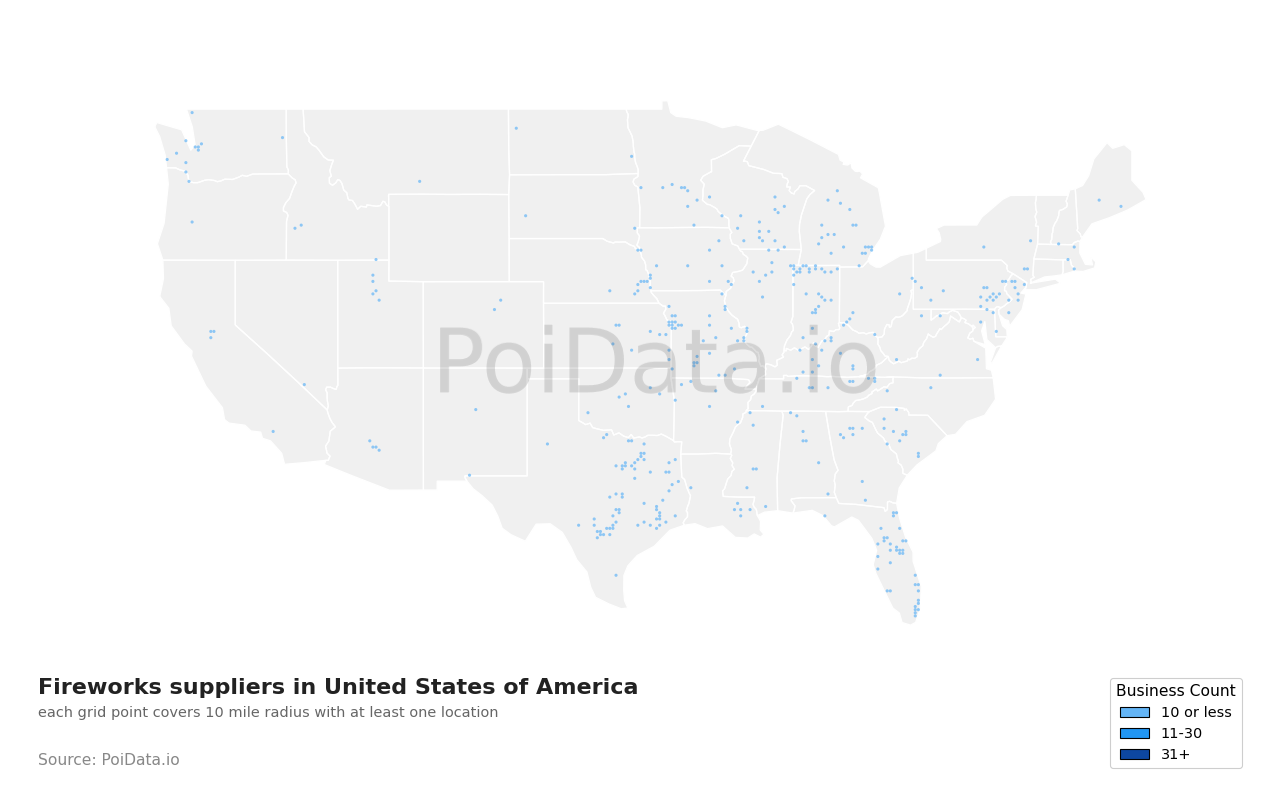 Fireworks supplier density map for United States