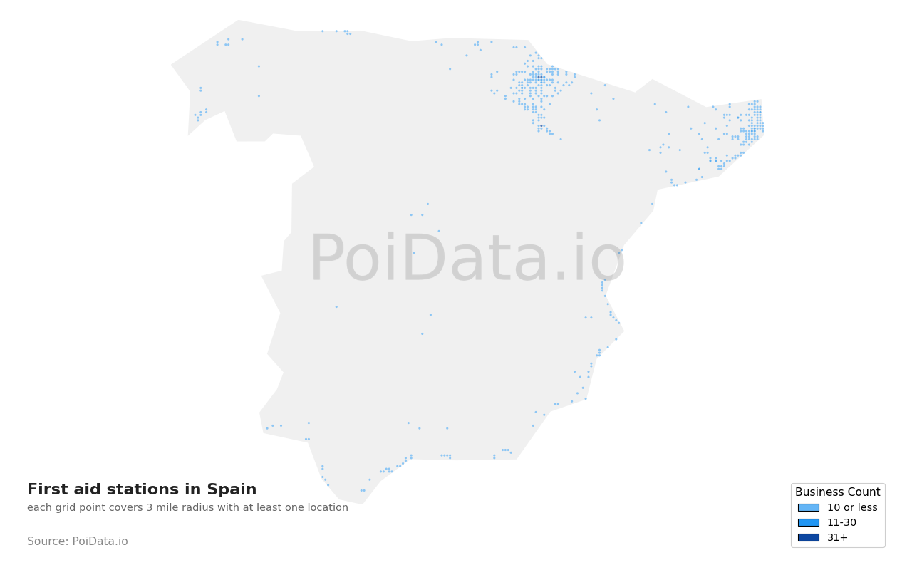 First aid station density map for Spain