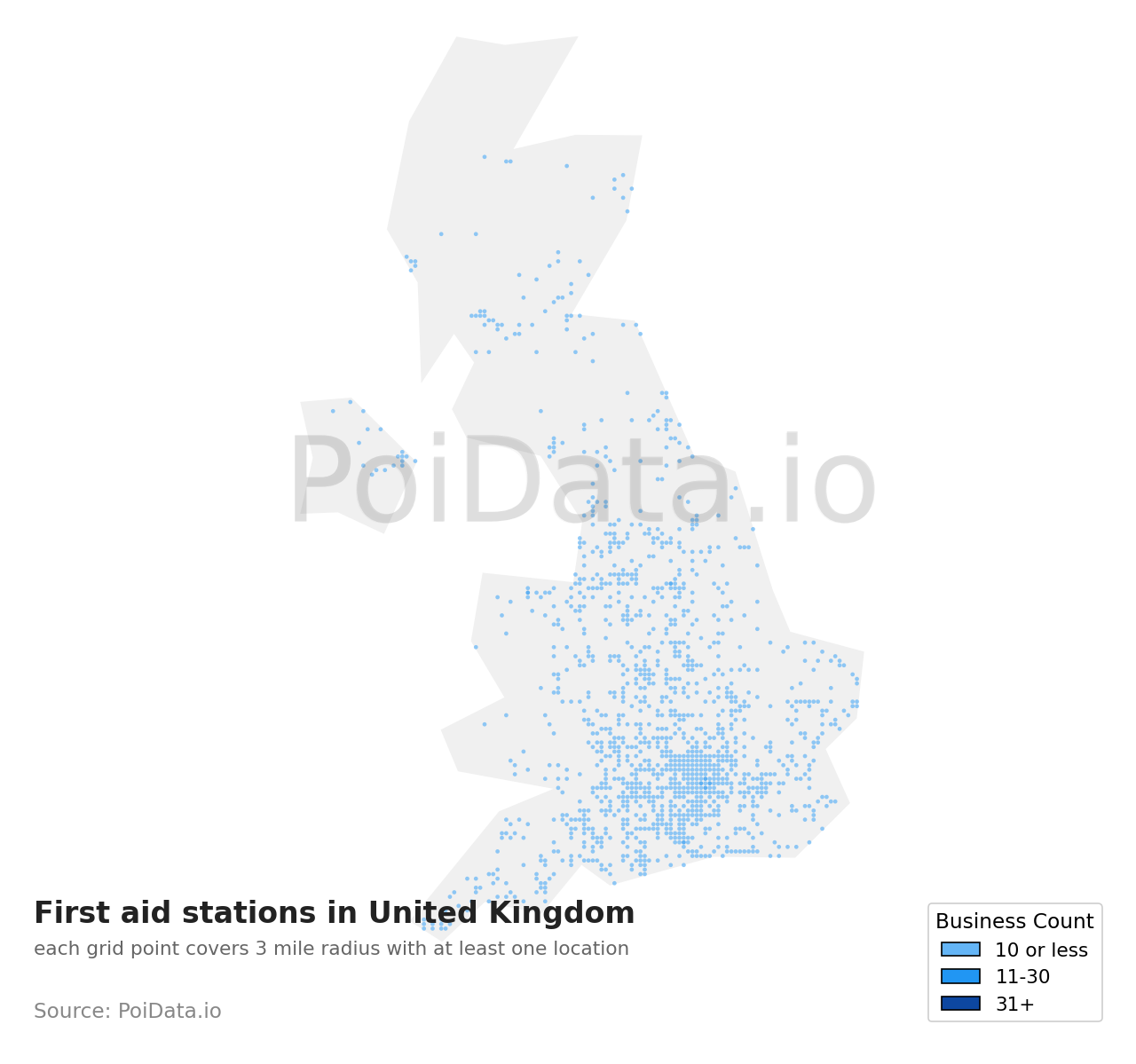 First aid station density map for United Kingdom