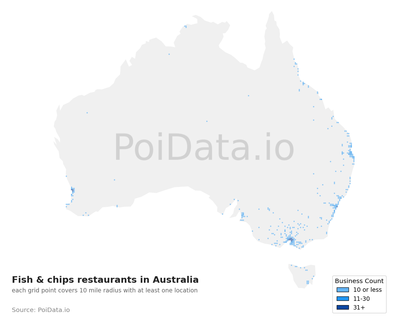Fish & chips restaurant density map for TAS, Australia