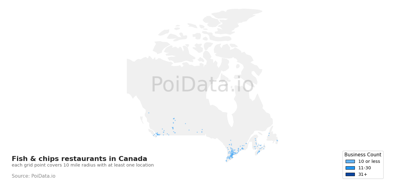 Fish & chips restaurant density map for Canada