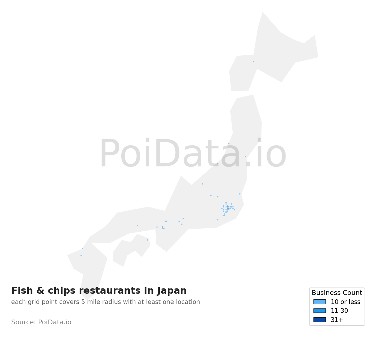 Fish & chips restaurant density map for Japan