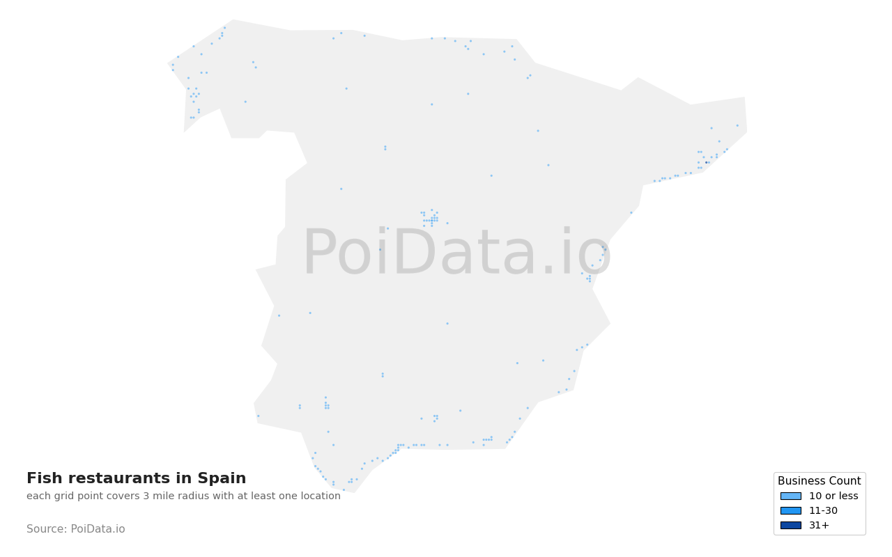 Fish restaurant density map for Spain