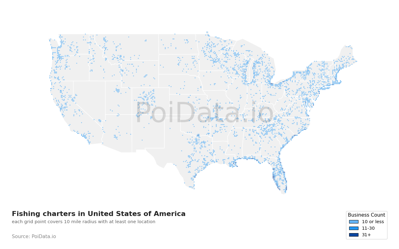Fishing charter density map for Florida, United States