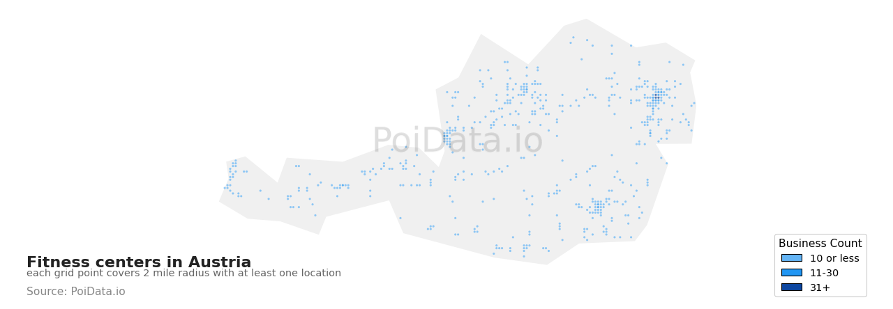 Fitness center density map for Austria