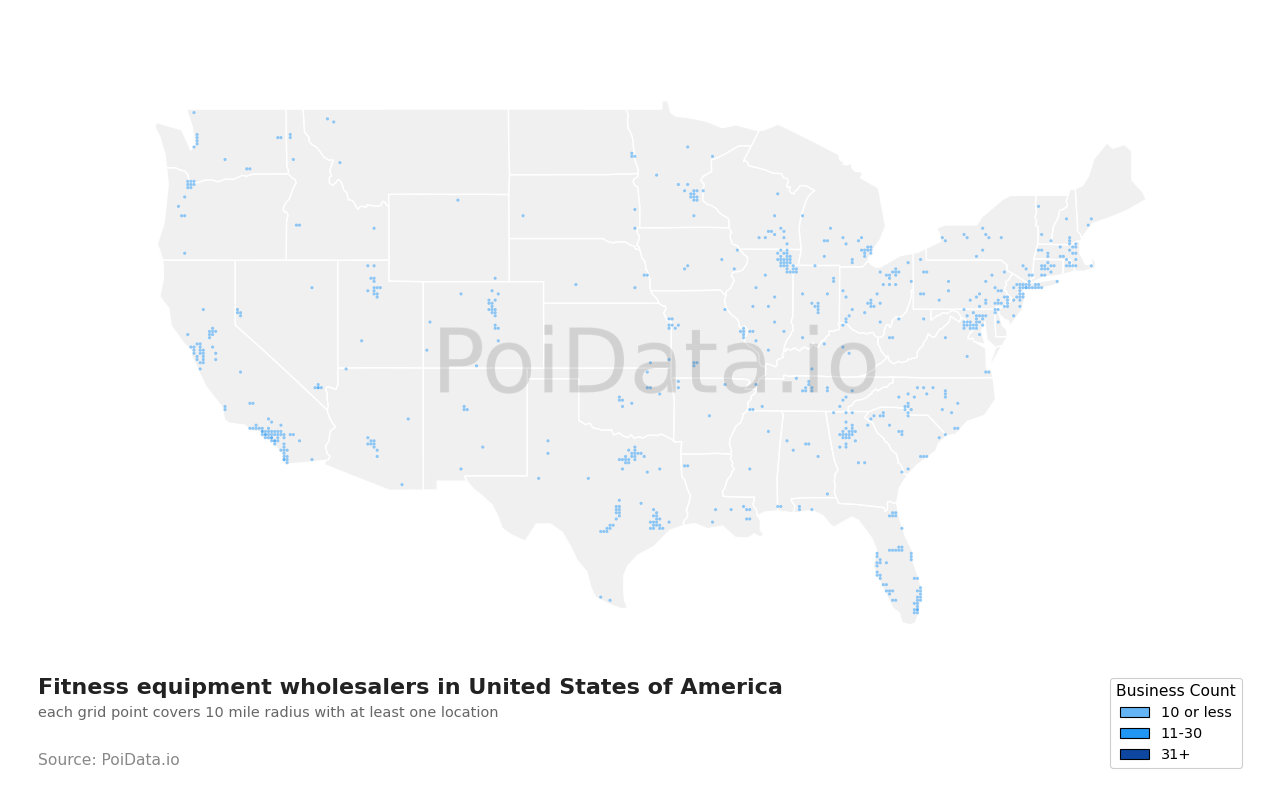 Fitness equipment wholesaler density map for Minnesota, United States