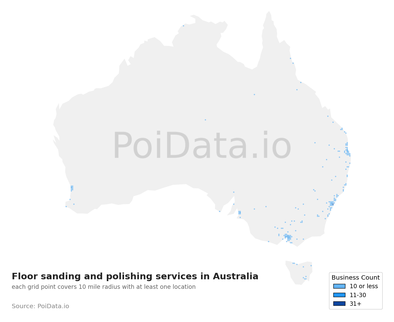 Floor sanding and polishing service density map for Western Australia, Australia