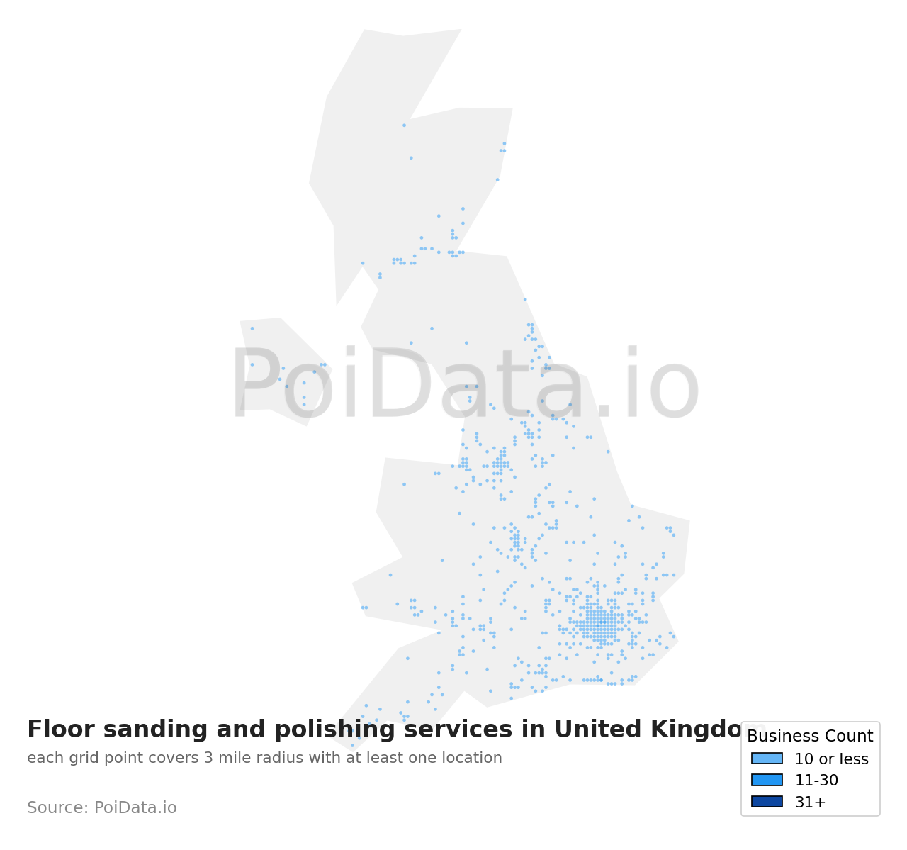 Floor sanding and polishing service density map for United Kingdom