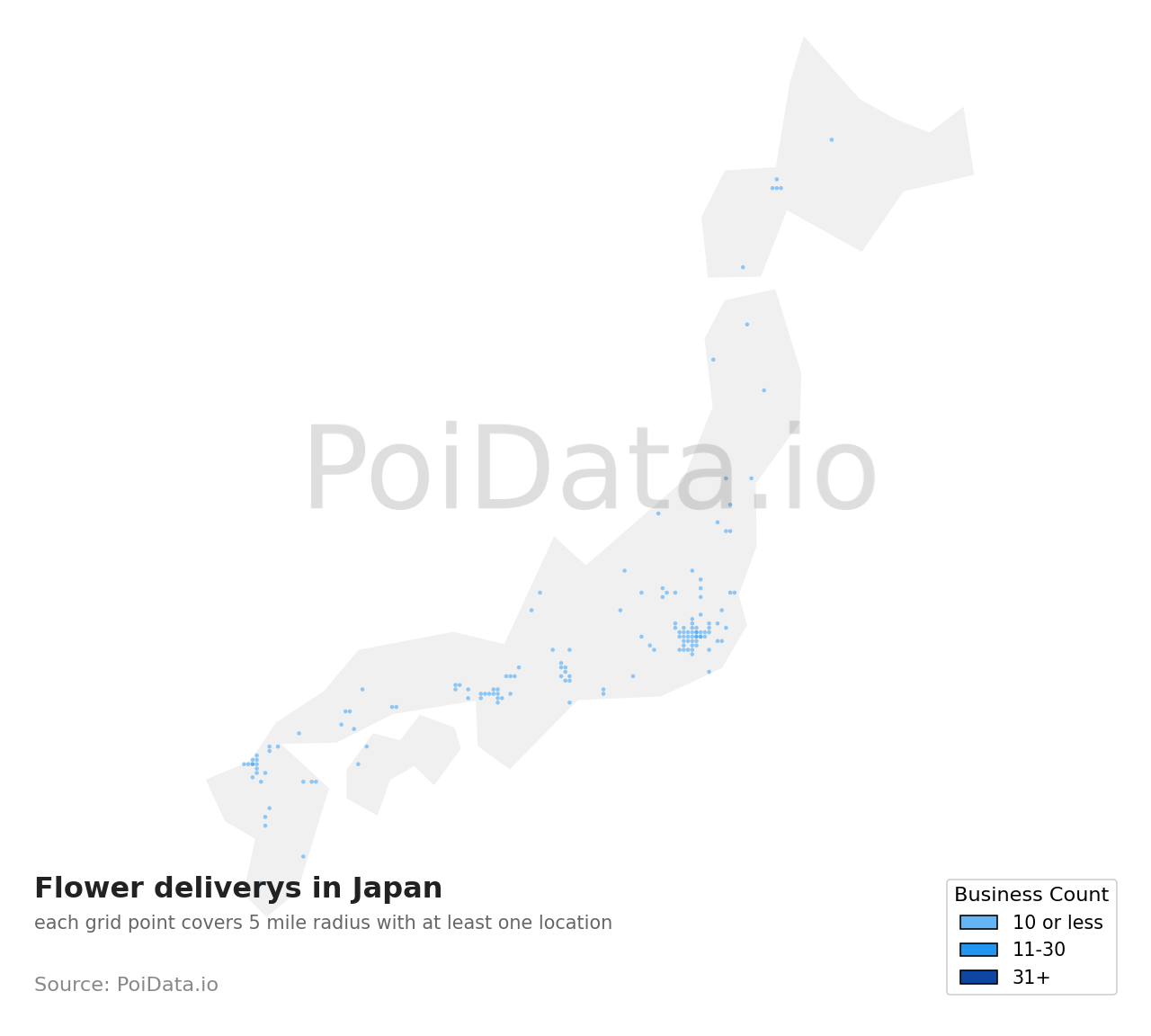 Flower delivery density map for Ibaraki, Japan