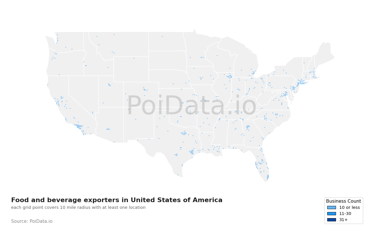 Food and beverage exporter density map for Florida, United States