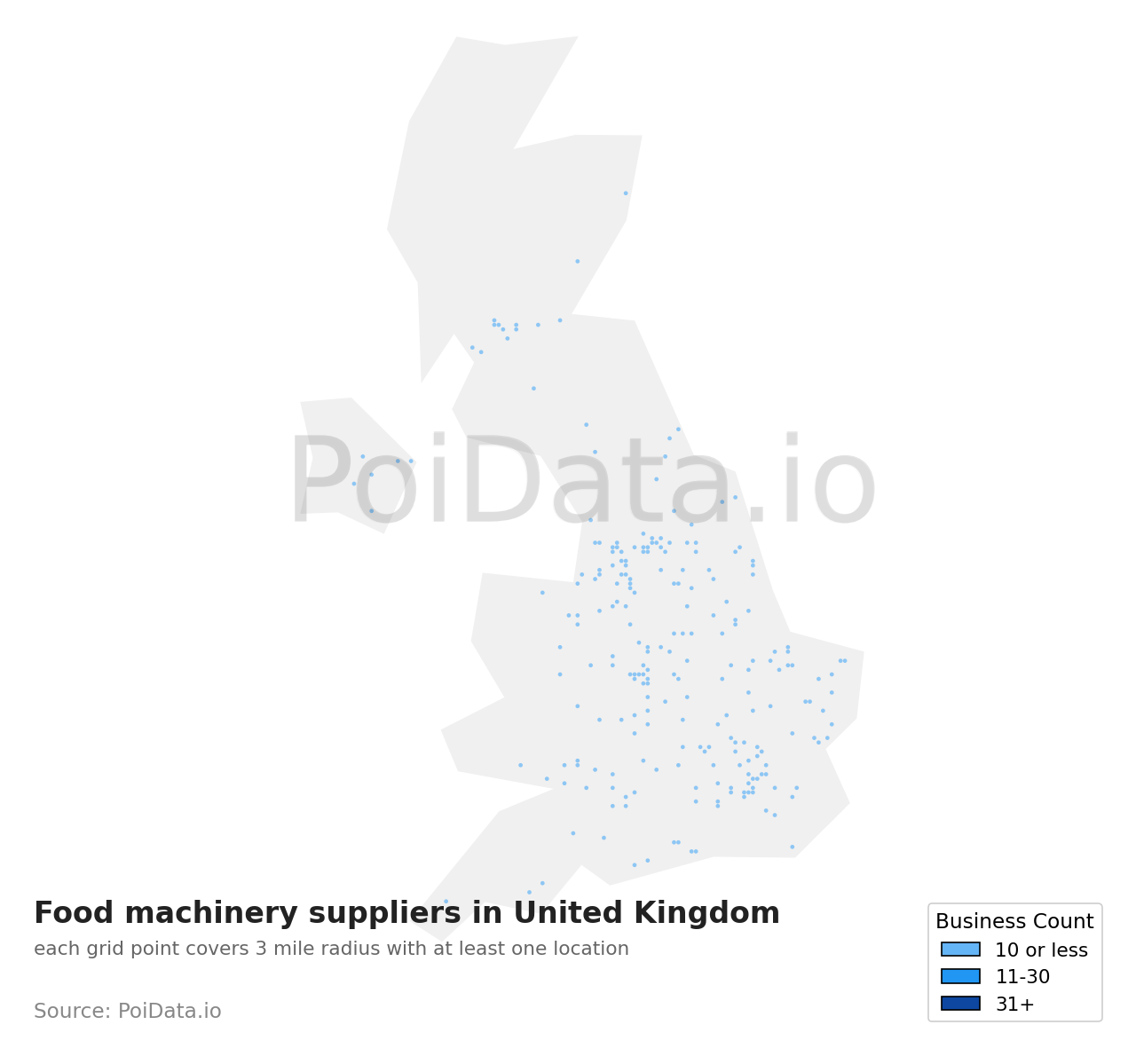 Food machinery supplier density map for United Kingdom