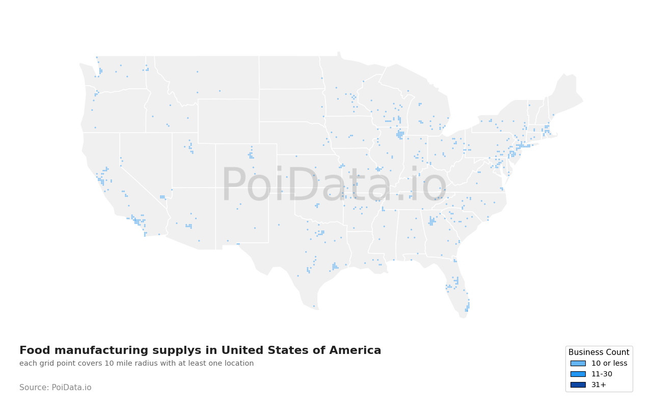Food manufacturing supply density map for Florida, United States
