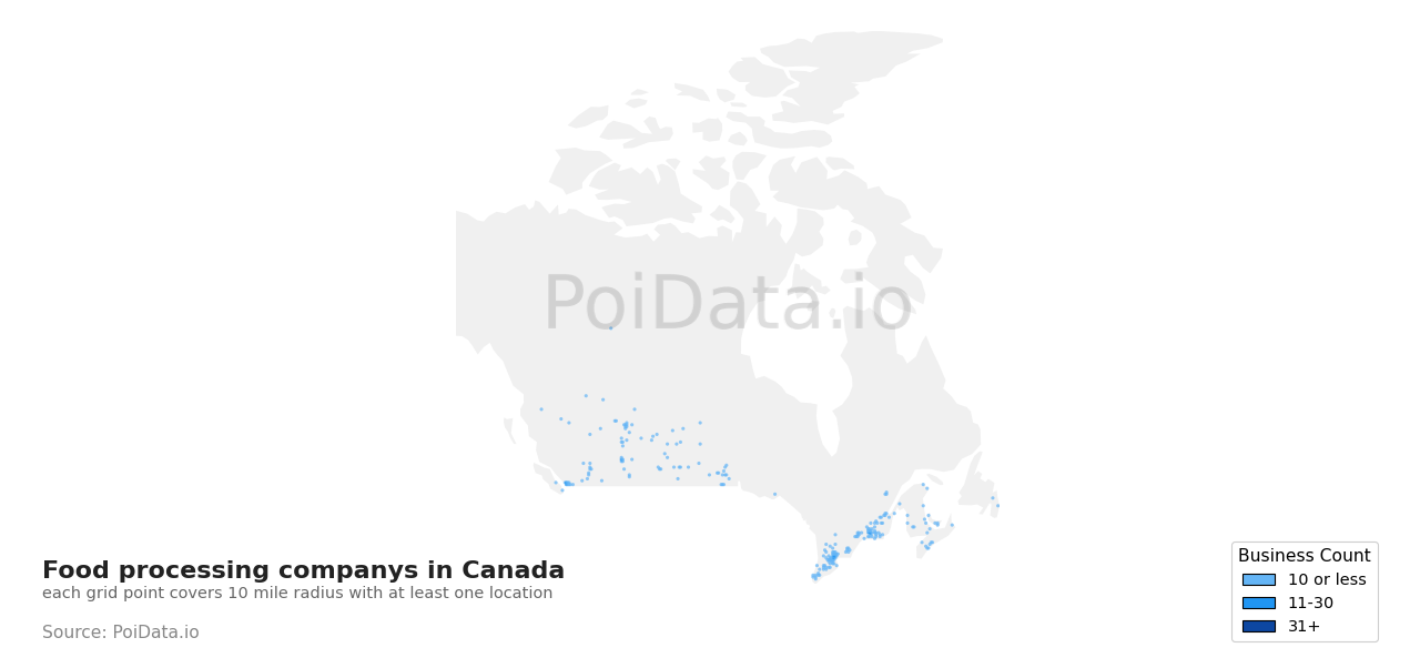 Food processing company density map for Canada