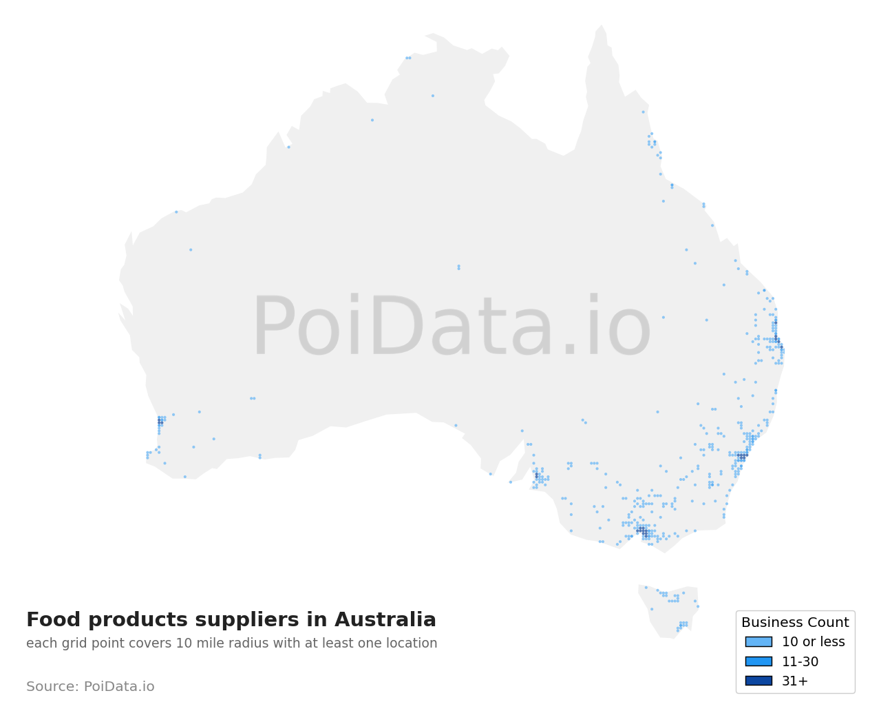 Food products supplier density map for Australia