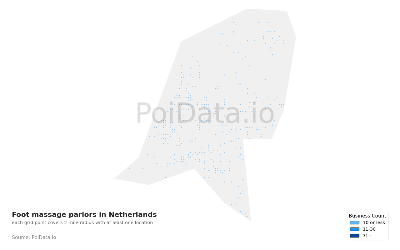 Foot massage parlor density map for Netherlands