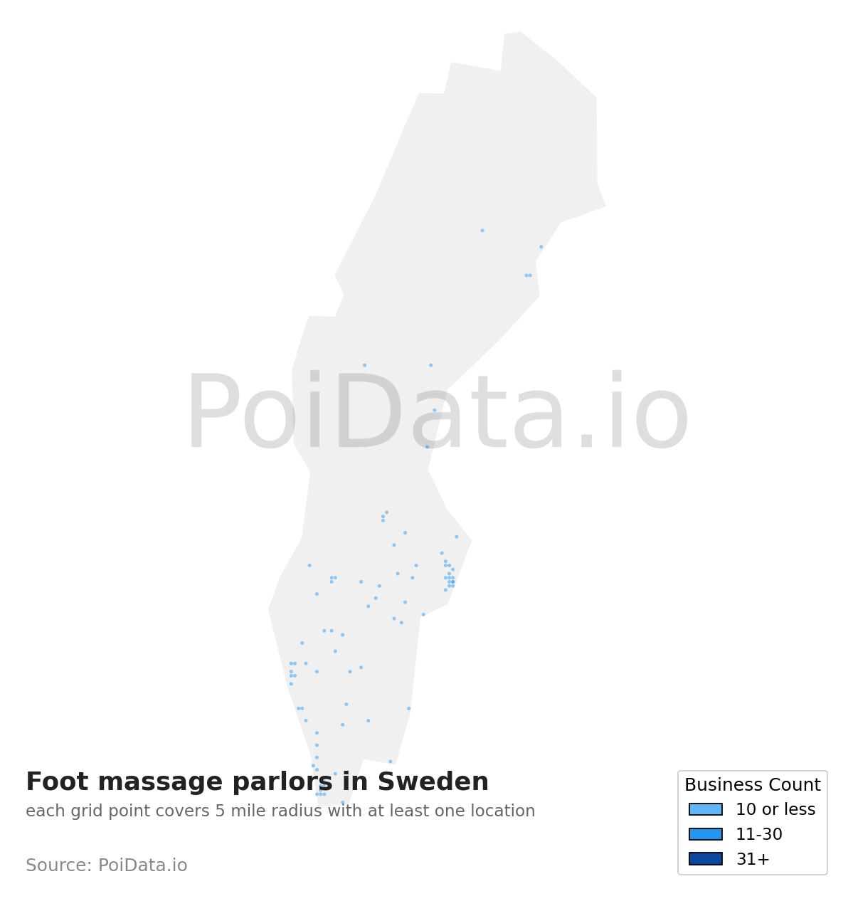 Foot massage parlor density map for Sweden