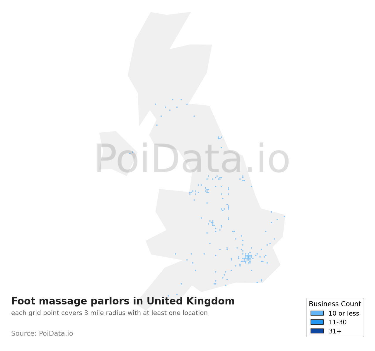 Foot massage parlor density map for United Kingdom