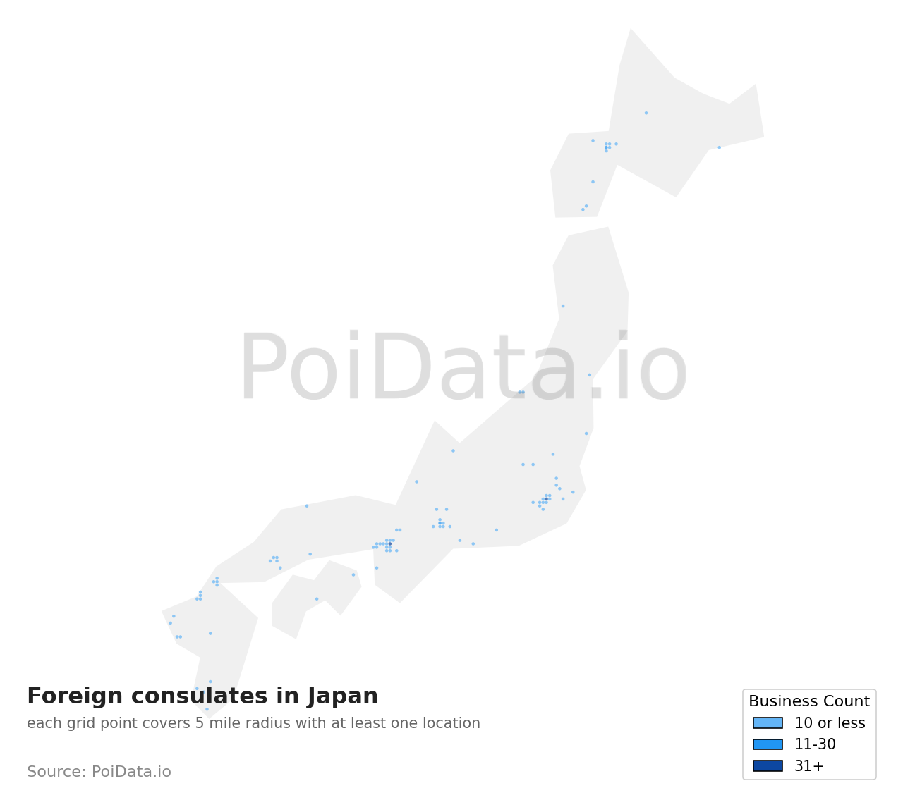 Foreign consulate density map for Japan