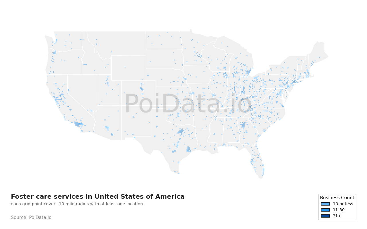 Foster care service density map for Arizona, United States