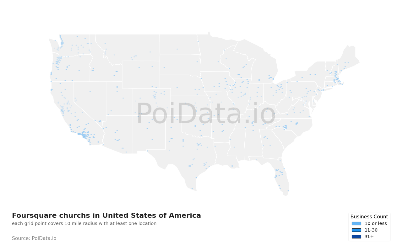 Foursquare church density map for United States