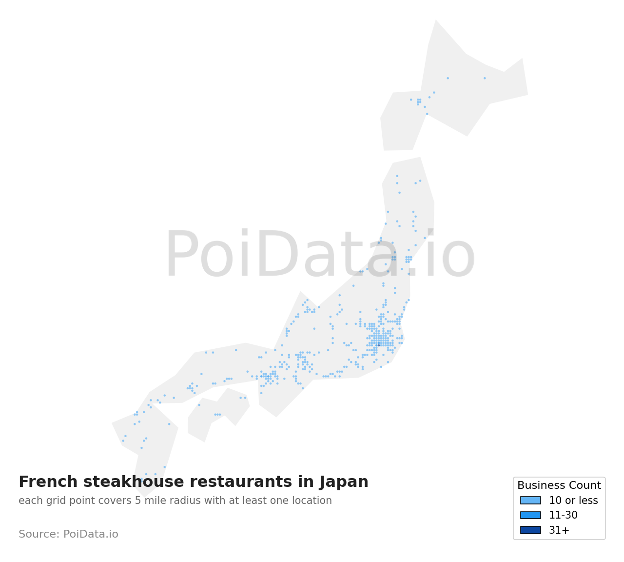 French steakhouse restaurant density map for Japan