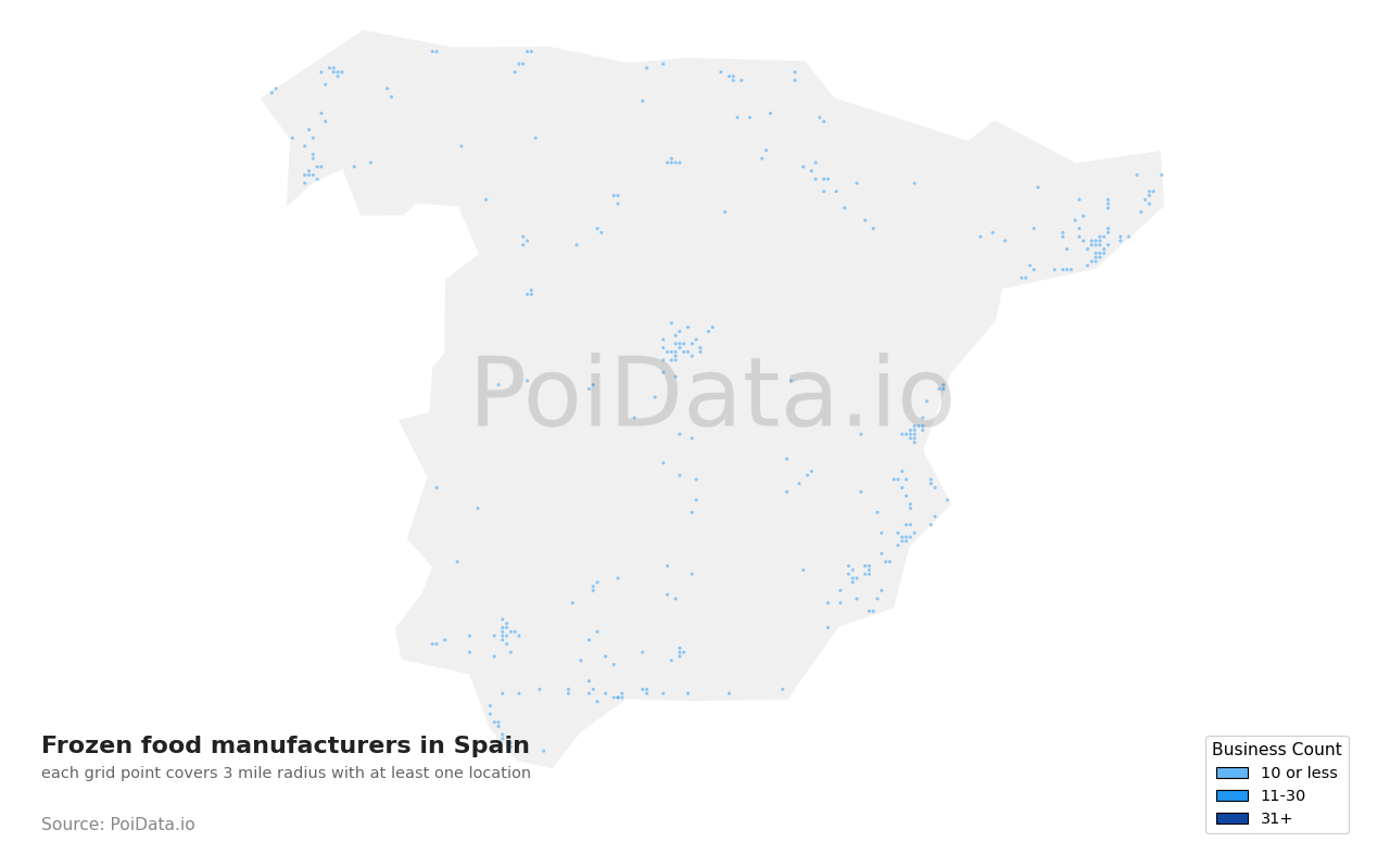 Frozen food manufacturer density map for Spain
