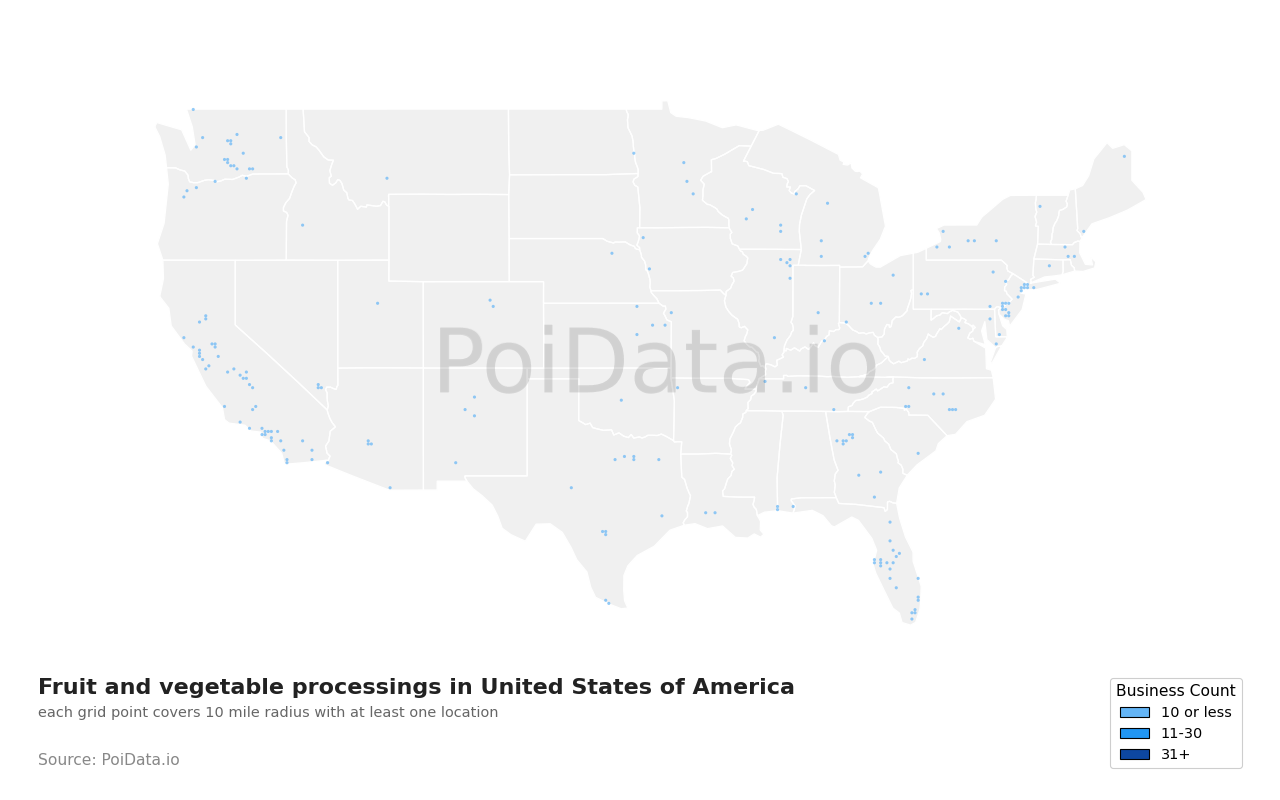 Fruit and vegetable processing density map for United States